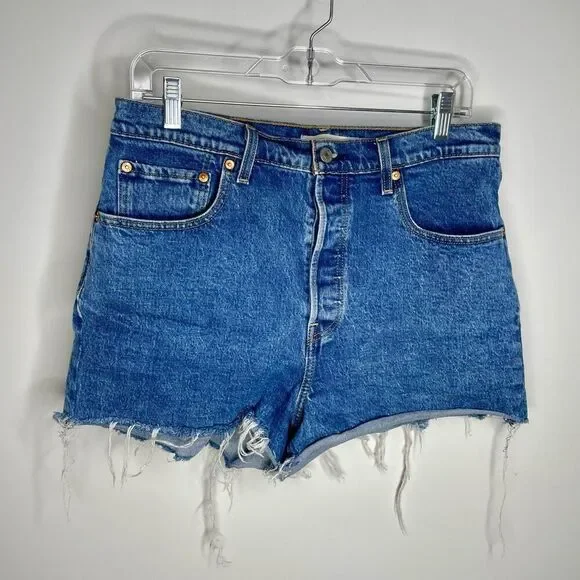 Levi’s Ribcage Shorts Blue Raw Hem Button Fly Cut Off Size 31 - Picture 5 of 8